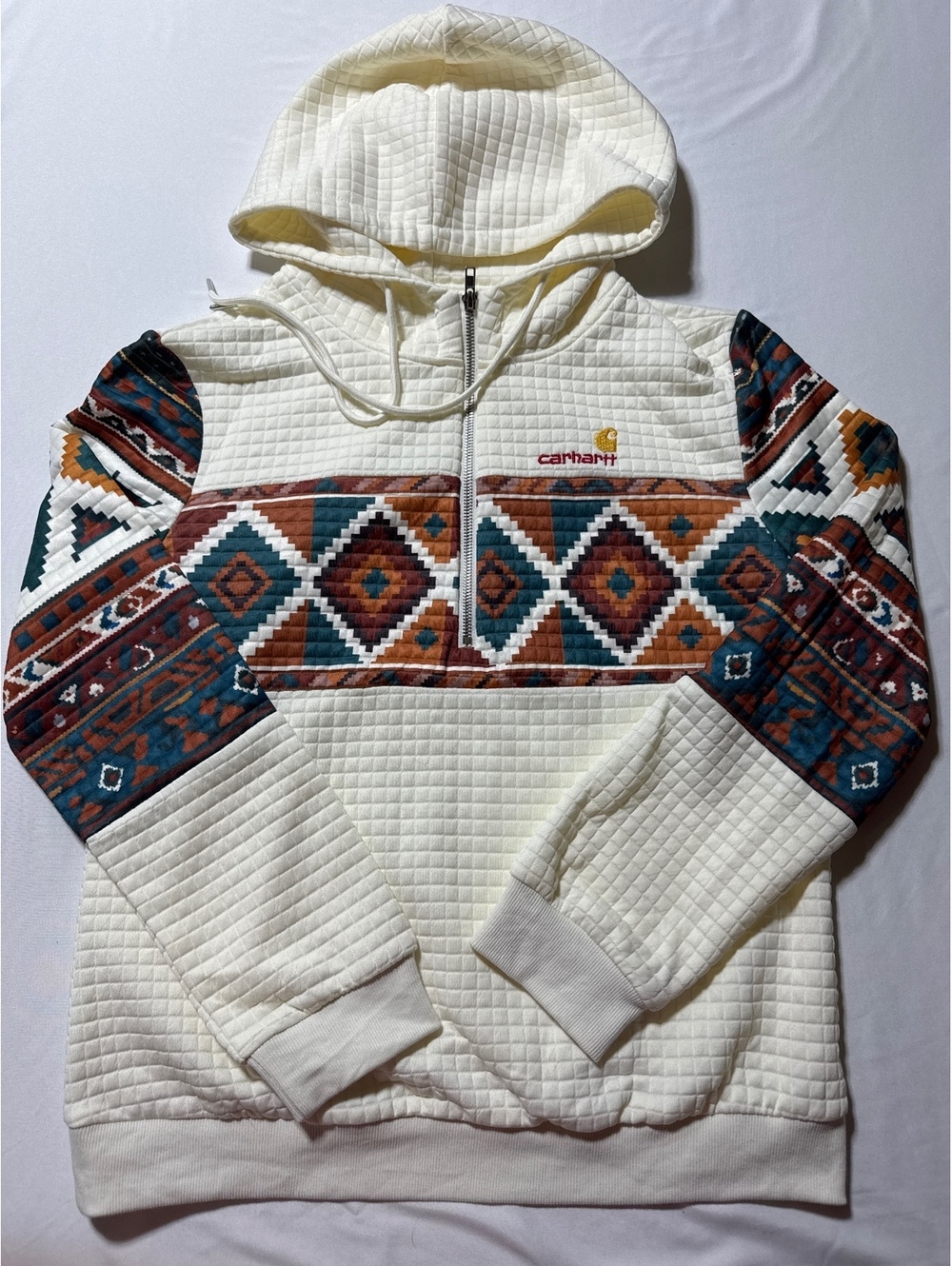 Carhartt Cream Quilted Hoodie with Multi-Color Aztec Panel